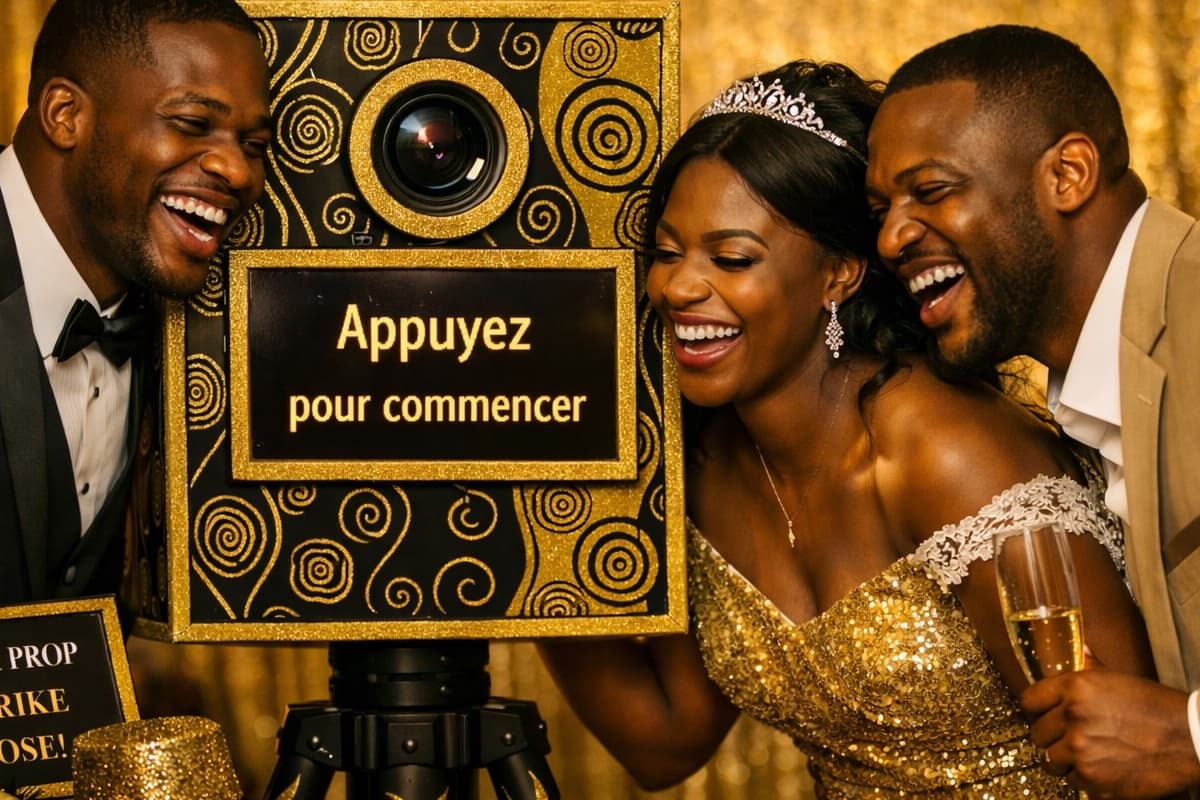 Groupe riant devant le photobooth — mariage festif