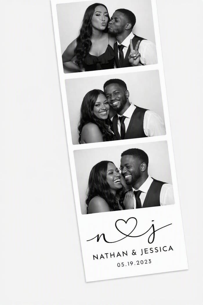 Tirage strip photobooth noir et blanc — couple Nathan & Jessica