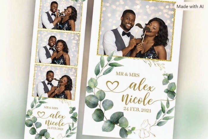 Tirage strip photobooth mariage — Mr & Mrs, cadre doré