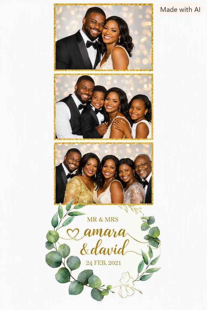 Tirage strip photobooth mariage — portrait famille, décor eucalyptus